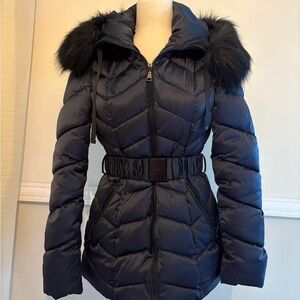 Tahari Navy Belted Puffer Jacket